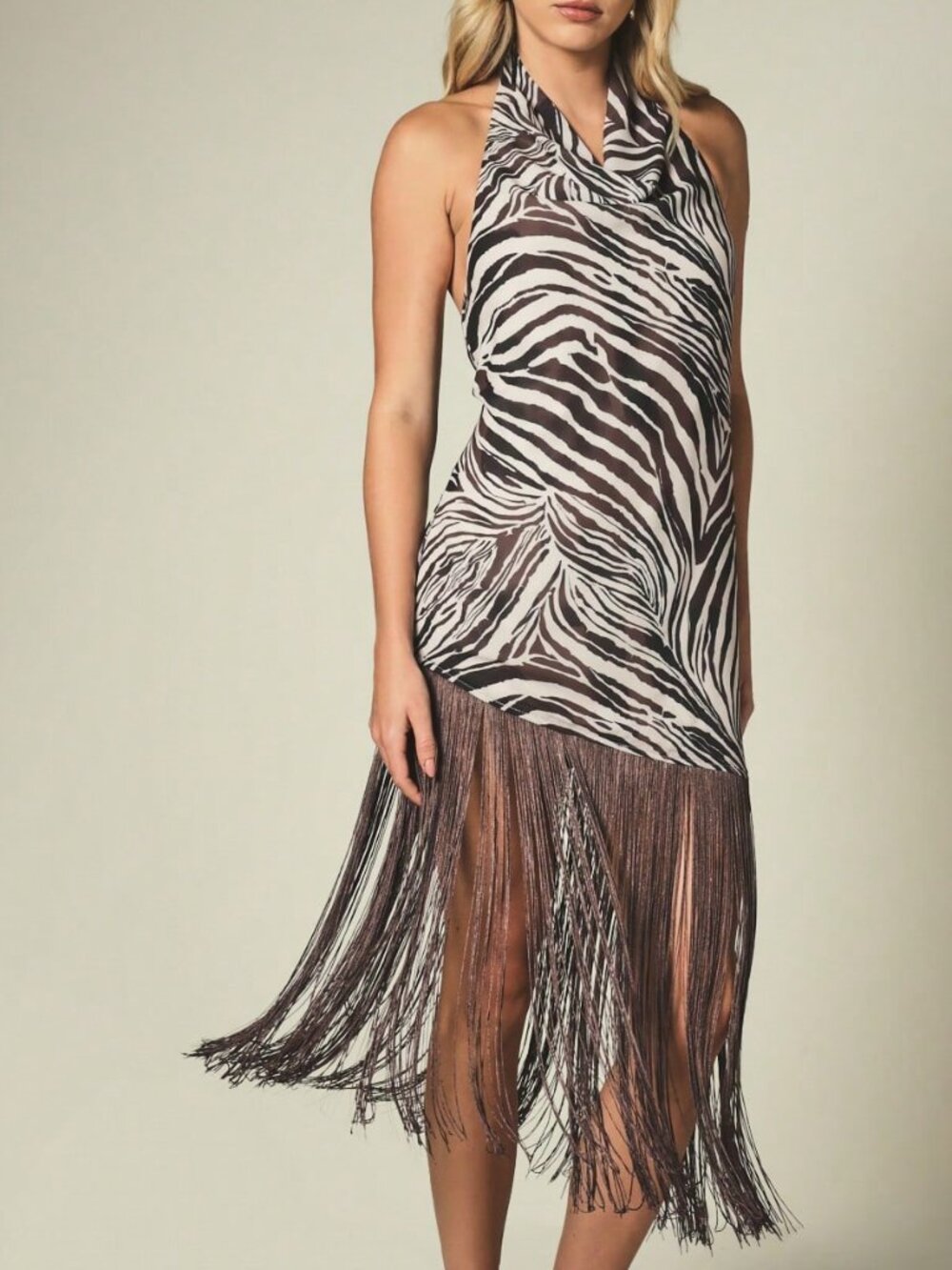 Multicolor Elegant Women's Zebra Print Cowl Asymmetrical Fringe Hem Midi Dress - Picture 2 of 5